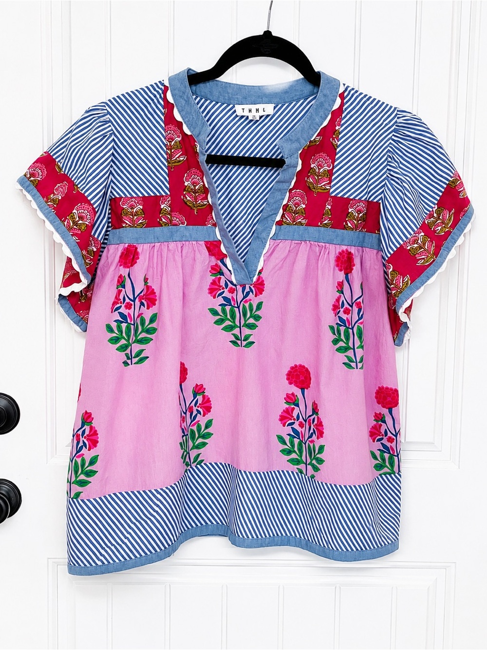 THML Floral Patchwork Ruffle Sleeve Blouse | Size M - Picture 2 of 10